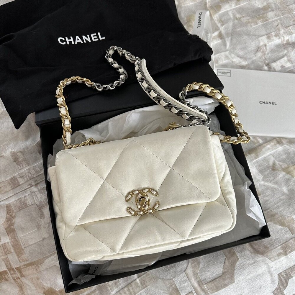 Chanel 19 Flap Bag White Gold Quilted Leather Medium With Box Receipt Authentic